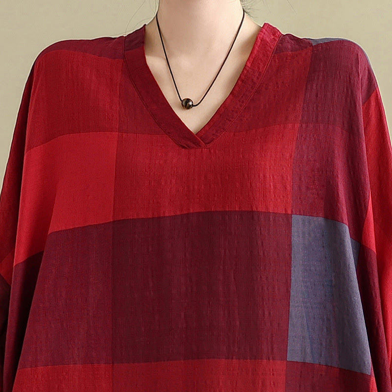 Buddha Stones Spliced Plaid Pattern Cotton Linen Women's Maxi Dress With Pockets - image 15