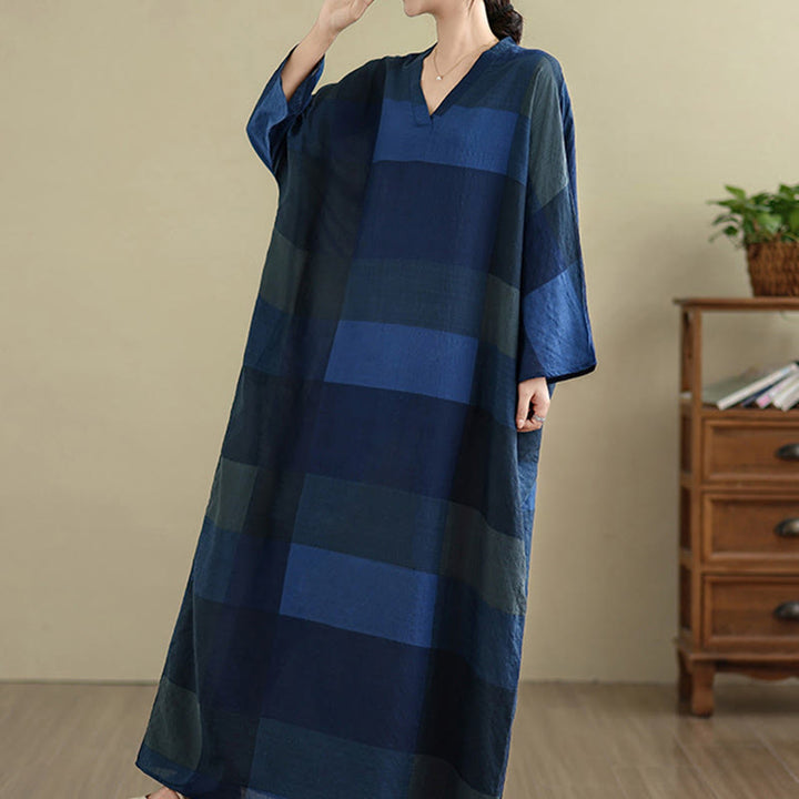Buddha Stones Spliced Plaid Pattern Cotton Linen Women's Maxi Dress With Pockets - image 20