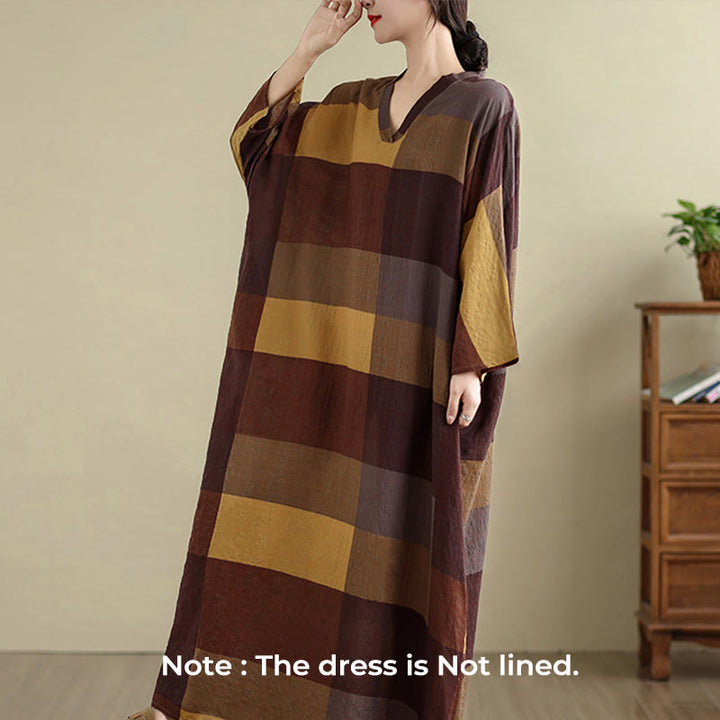 Buddha Stones Spliced Plaid Pattern Cotton Linen Women's Maxi Dress With Pockets - image 2