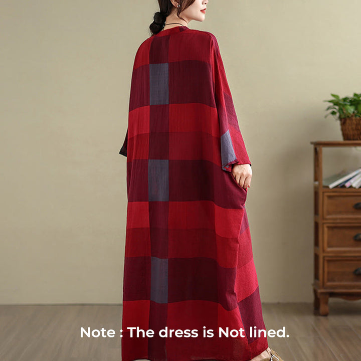 Buddha Stones Spliced Plaid Pattern Cotton Linen Women's Maxi Dress With Pockets - image 7