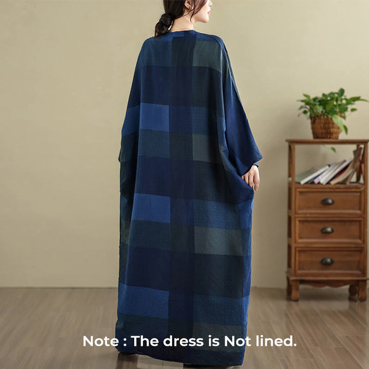 Buddha Stones Spliced Plaid Pattern Cotton Linen Women's Maxi Dress With Pockets - image 18