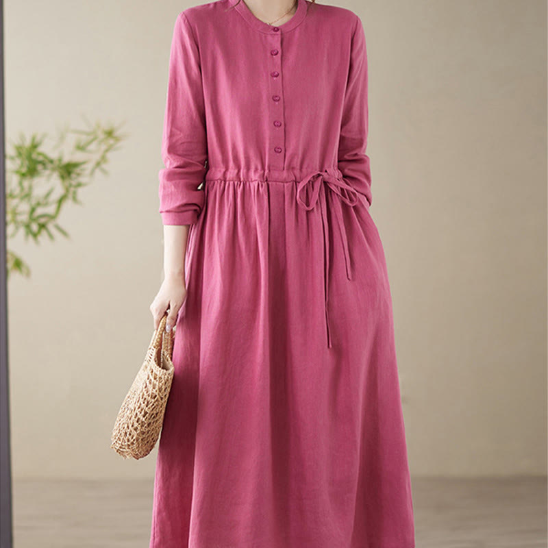 Buddha Stones Casual Plain Crew Neck Lace-up Cotton Linen Midi Dress With Pockets - image 4