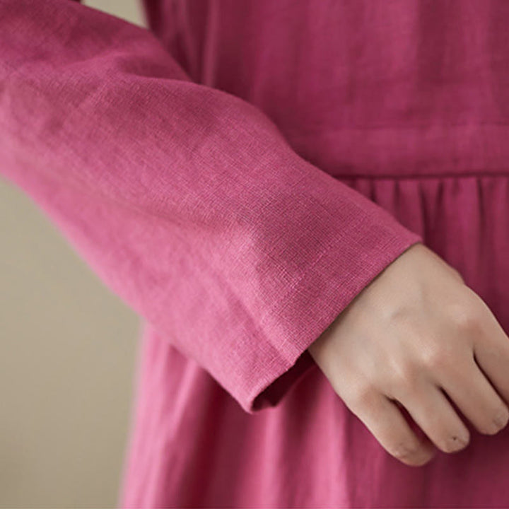 Buddha Stones Casual Plain Crew Neck Lace-up Cotton Linen Midi Dress With Pockets - image 7