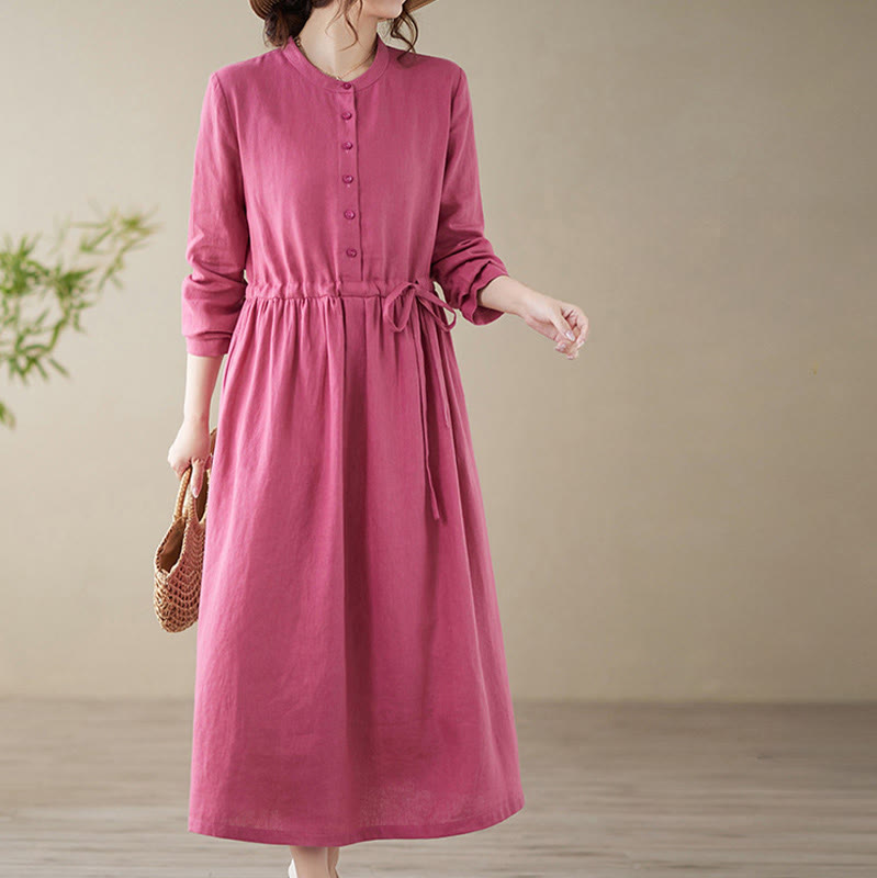 Buddha Stones Casual Plain Crew Neck Lace-up Cotton Linen Midi Dress With Pockets - image 3