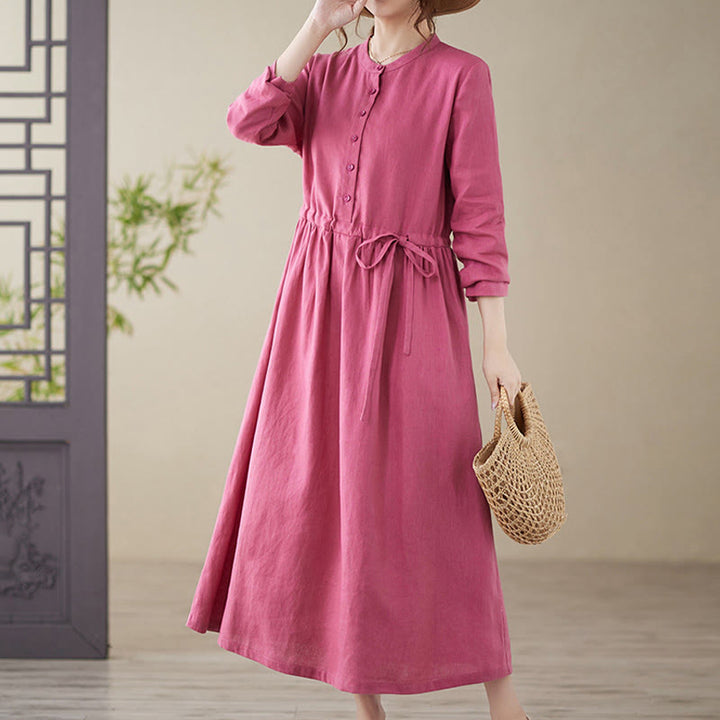 Buddha Stones Casual Plain Crew Neck Lace-up Cotton Linen Midi Dress With Pockets - PaleVioletRed - US8-10,UK/AU12-14,EU40-42 (2XL) - image 1