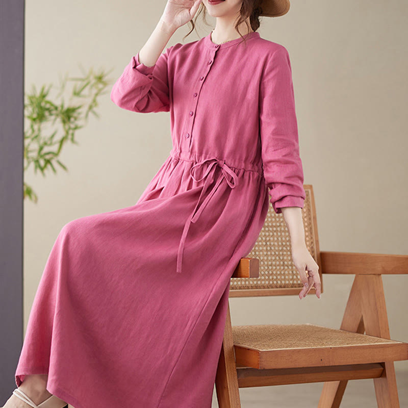 Buddha Stones Casual Plain Crew Neck Lace-up Cotton Linen Midi Dress With Pockets - image 5
