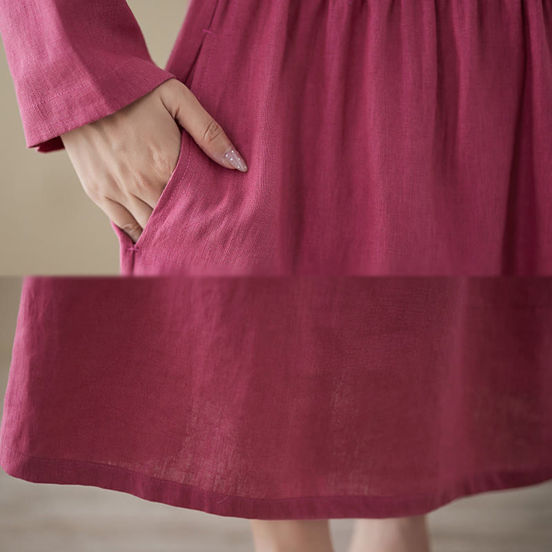 Buddha Stones Casual Plain Crew Neck Lace-up Cotton Linen Midi Dress With Pockets - image 8