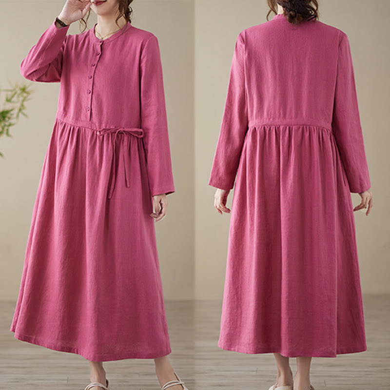 Buddha Stones Casual Plain Crew Neck Lace-up Cotton Linen Midi Dress With Pockets - image 6