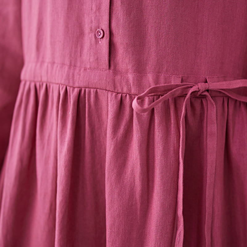 Buddha Stones Casual Plain Crew Neck Lace-up Cotton Linen Midi Dress With Pockets - image 10