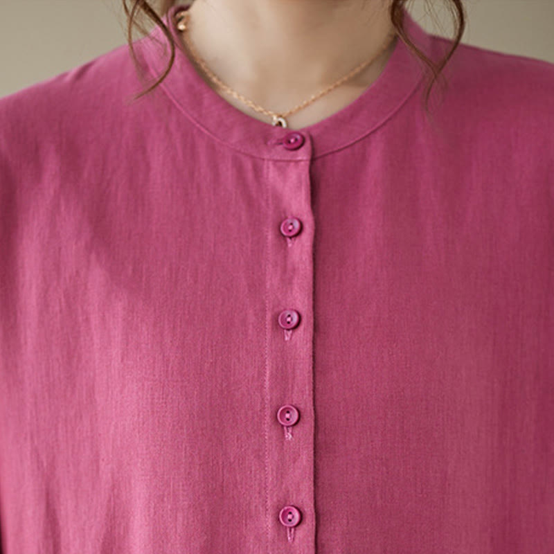 Buddha Stones Casual Plain Crew Neck Lace-up Cotton Linen Midi Dress With Pockets - image 9