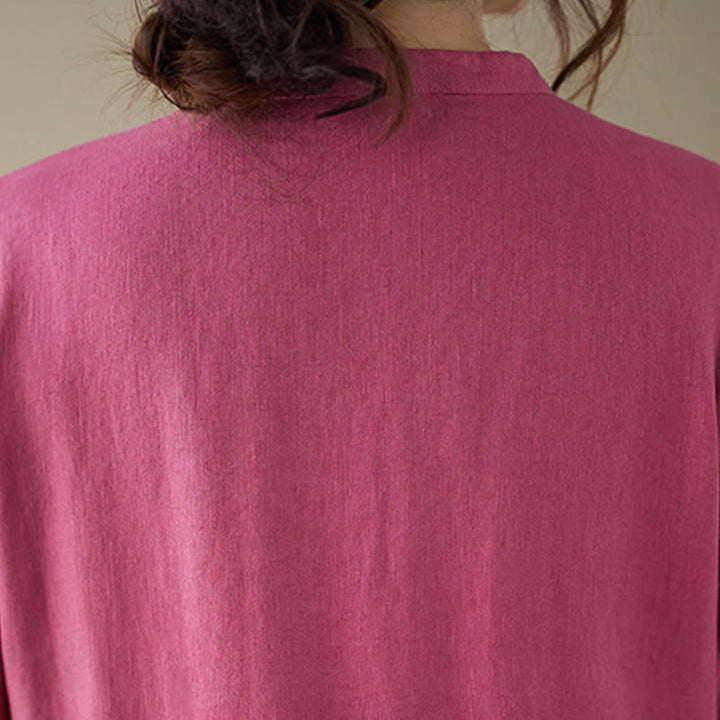 Buddha Stones Casual Plain Crew Neck Lace-up Cotton Linen Midi Dress With Pockets - image 11