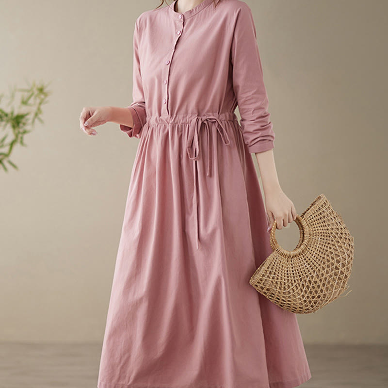 Buddha Stones Casual Plain Crew Neck Lace-up Cotton Linen Midi Dress With Pockets - image 15