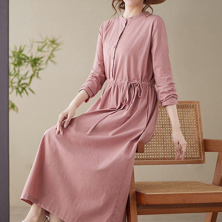 Buddha Stones Casual Plain Crew Neck Lace-up Cotton Linen Midi Dress With Pockets - image 14