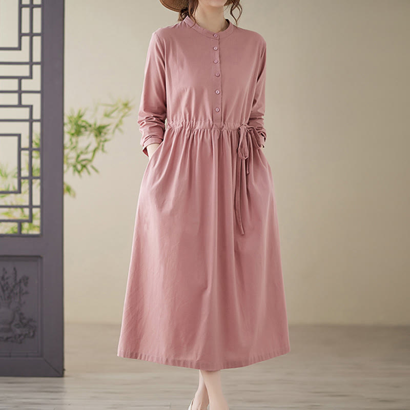 Buddha Stones Casual Plain Crew Neck Lace-up Cotton Linen Midi Dress With Pockets - Pink - US8-10,UK/AU12-14,EU40-42 (2XL) - image 12