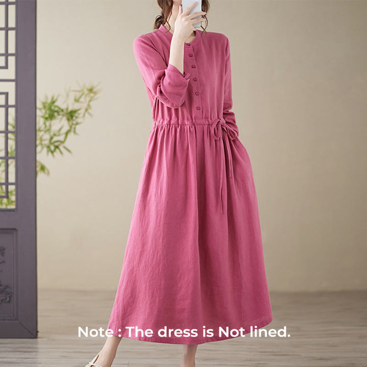 Buddha Stones Casual Plain Crew Neck Lace-up Cotton Linen Midi Dress With Pockets - image 2