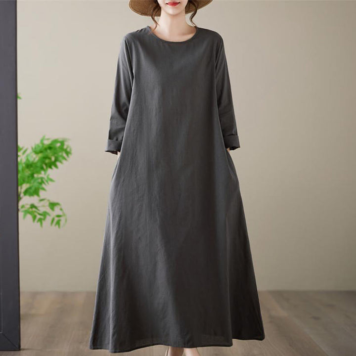 Buddha Stones Casual Plain Crew Neck Cotton Linen Midi Dress With Pockets - DimGray - US14,UK/AU18,EU46 (3XL) - image 1