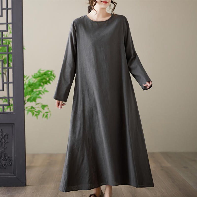 Buddha Stones Casual Plain Crew Neck Cotton Linen Midi Dress With Pockets - image 3