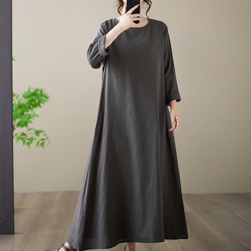 Buddha Stones Casual Plain Crew Neck Cotton Linen Midi Dress With Pockets - image 5