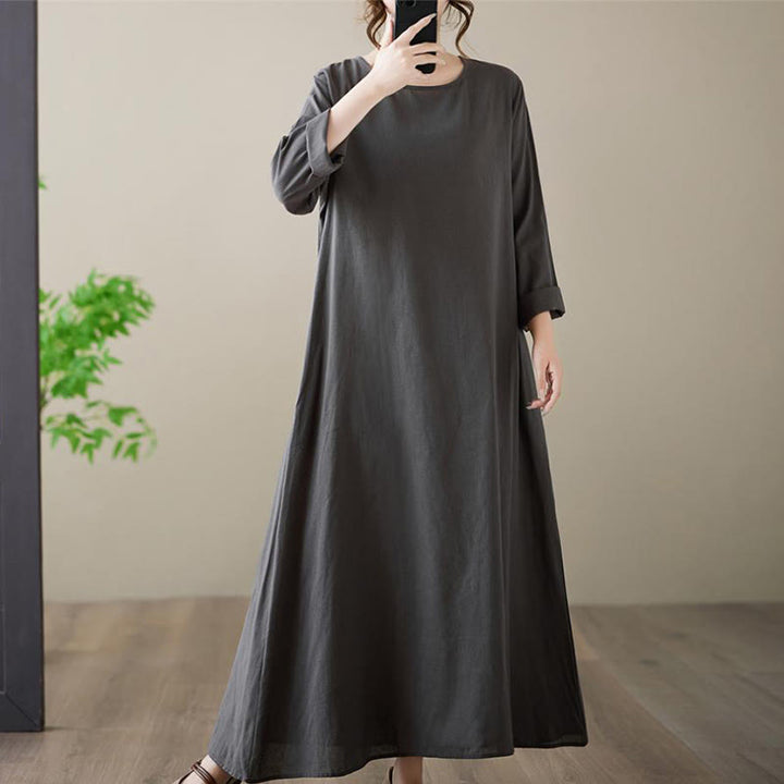 Buddha Stones Casual Plain Crew Neck Cotton Linen Midi Dress With Pockets - image 5