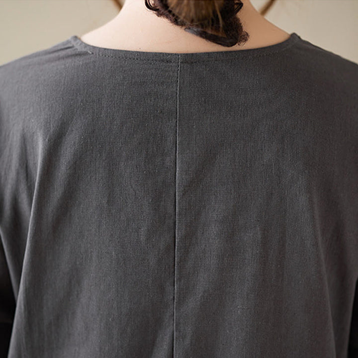 Buddha Stones Casual Plain Crew Neck Cotton Linen Midi Dress With Pockets - image 12