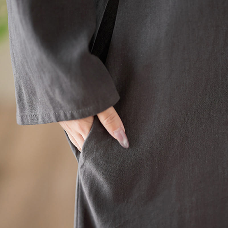 Buddha Stones Casual Plain Crew Neck Cotton Linen Midi Dress With Pockets - image 10