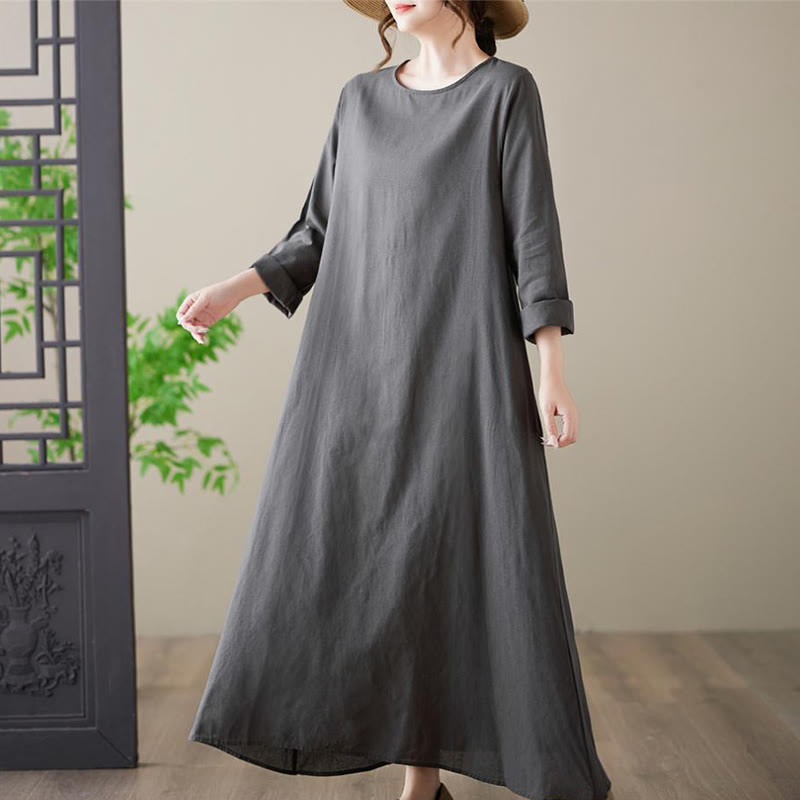 Buddha Stones Casual Plain Crew Neck Cotton Linen Midi Dress With Pockets - image 4