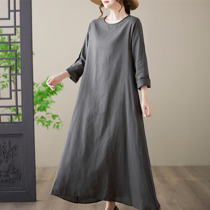 Buddha Stones Casual Plain Crew Neck Cotton Linen Midi Dress With Pockets - image 4