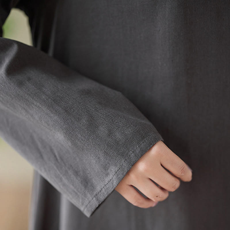 Buddha Stones Casual Plain Crew Neck Cotton Linen Midi Dress With Pockets - image 8