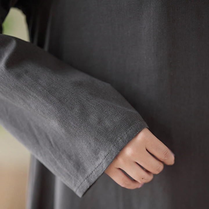 Buddha Stones Casual Plain Crew Neck Cotton Linen Midi Dress With Pockets - image 8