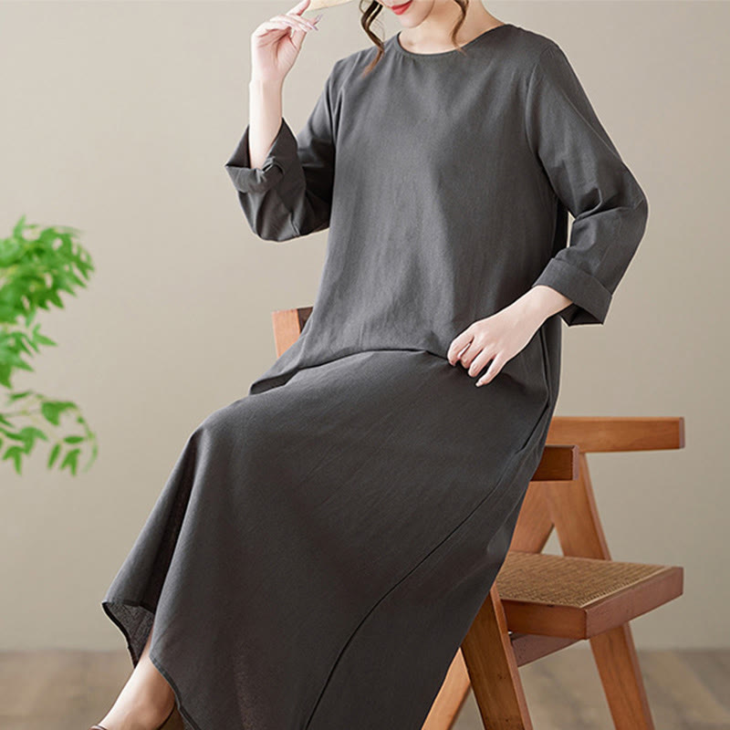 Buddha Stones Casual Plain Crew Neck Cotton Linen Midi Dress With Pockets - image 7