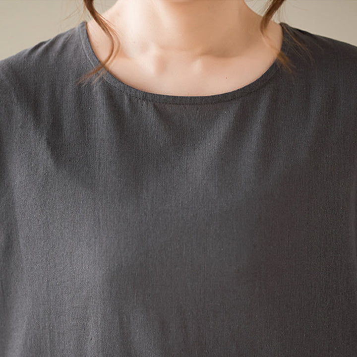 Buddha Stones Casual Plain Crew Neck Cotton Linen Midi Dress With Pockets - image 11