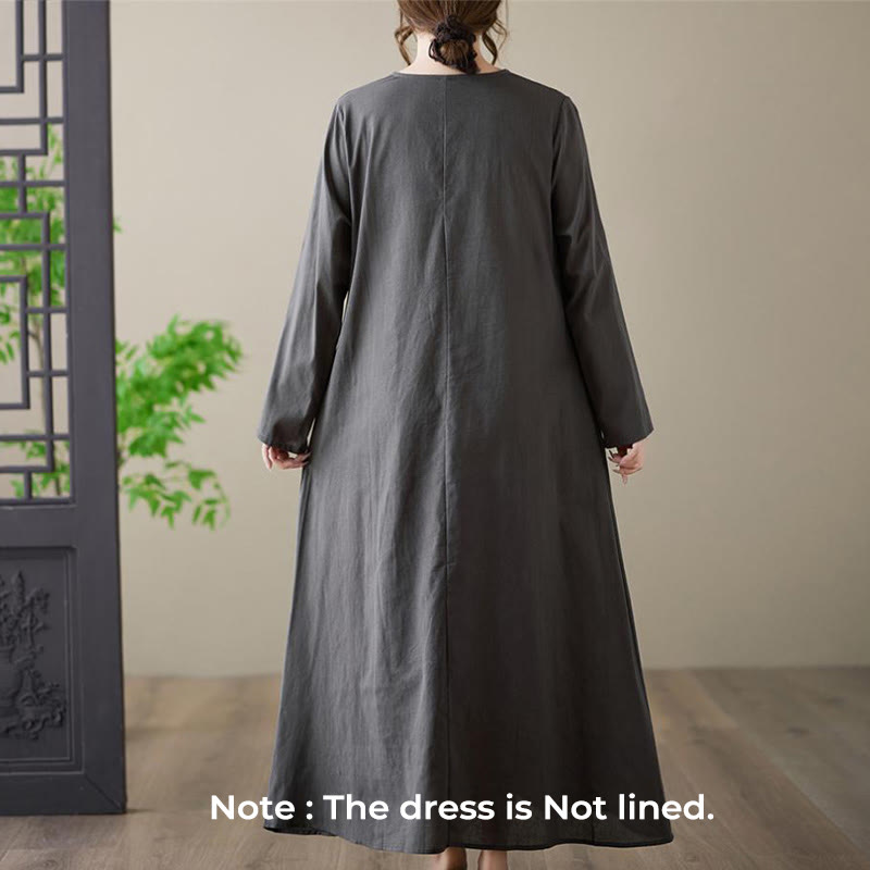 Buddha Stones Casual Plain Crew Neck Cotton Linen Midi Dress With Pockets - image 2