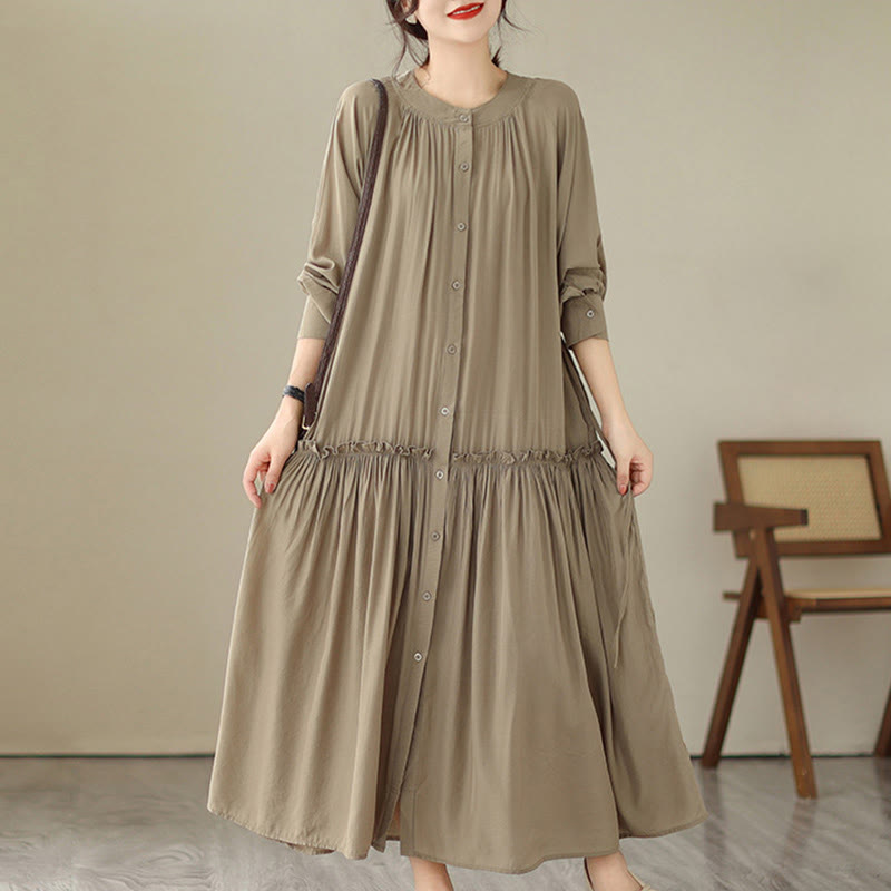 Buddha Stones Casual Plain Crew Neck Pleated Polyester Midi Dress With Pockets - Tan - US4-6,UK/AU8-10,EU36-38 (F) - image 1