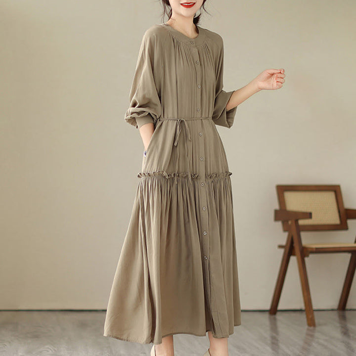Buddha Stones Casual Plain Crew Neck Pleated Polyester Midi Dress With Pockets - image 4