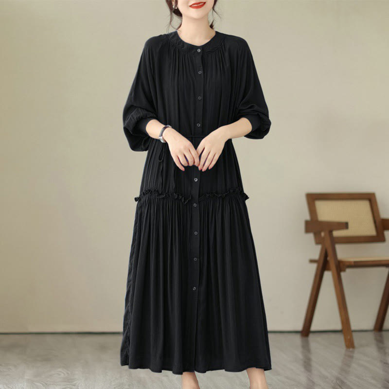 Buddha Stones Casual Plain Crew Neck Pleated Polyester Midi Dress With Pockets - Black - US4-6,UK/AU8-10,EU36-38 (F) - image 7