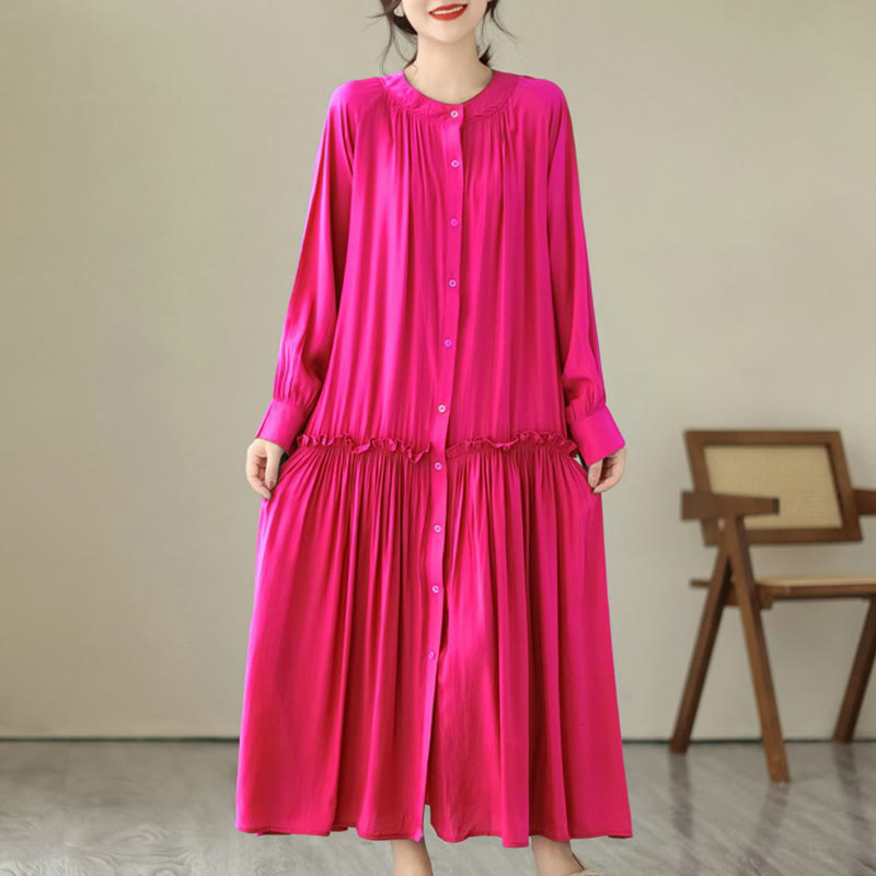 Buddha Stones Casual Plain Crew Neck Pleated Polyester Midi Dress With Pockets - DeepPink - US4-6,UK/AU8-10,EU36-38 (F) - image 9