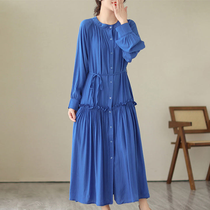Buddha Stones Casual Plain Crew Neck Pleated Polyester Midi Dress With Pockets - image 13