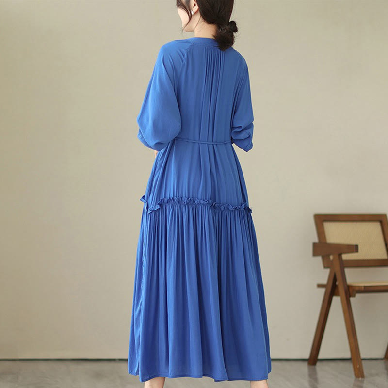 Buddha Stones Casual Plain Crew Neck Pleated Polyester Midi Dress With Pockets - image 15