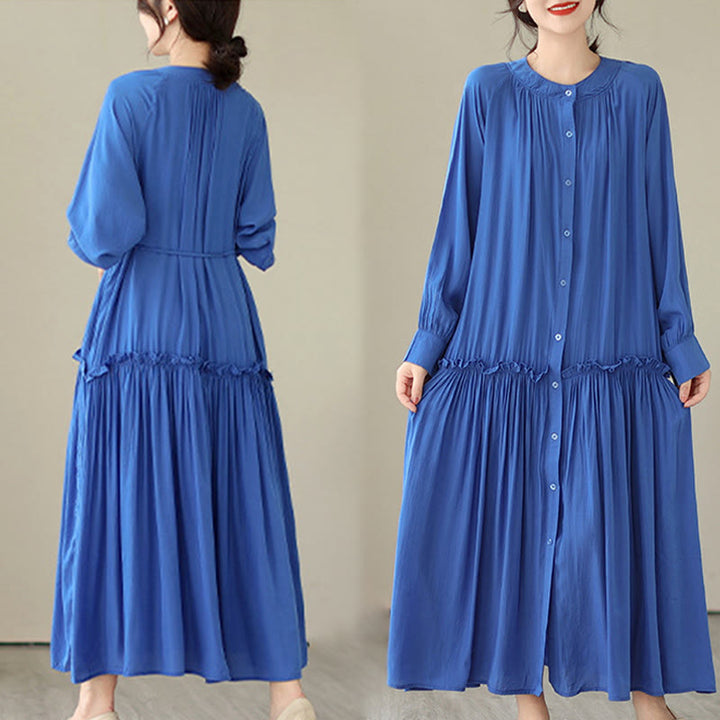 Buddha Stones Casual Plain Crew Neck Pleated Polyester Midi Dress With Pockets - image 17