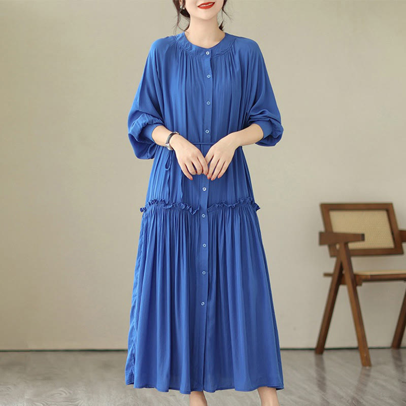 Buddha Stones Casual Plain Crew Neck Pleated Polyester Midi Dress With Pockets - RoyalBlue - US4-6,UK/AU8-10,EU36-38 (F) - image 11