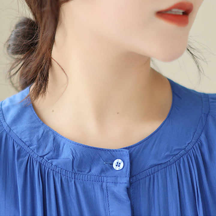 Buddha Stones Casual Plain Crew Neck Pleated Polyester Midi Dress With Pockets - image 19