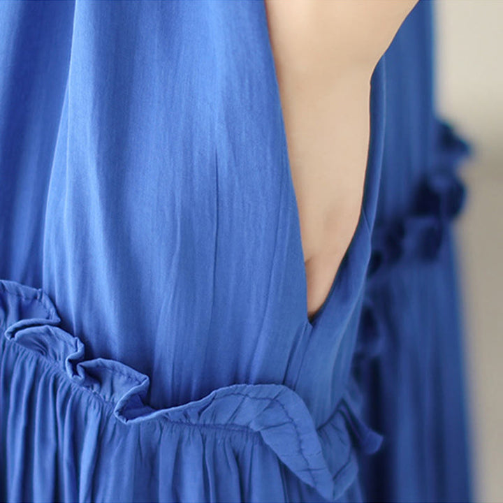 Buddha Stones Casual Plain Crew Neck Pleated Polyester Midi Dress With Pockets - image 20