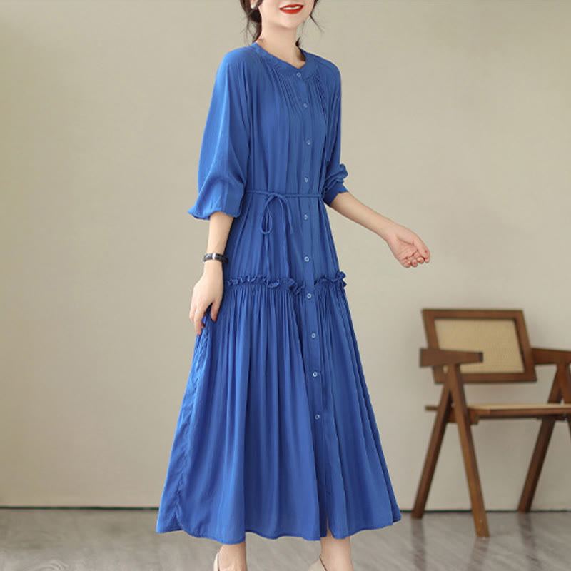 Buddha Stones Casual Plain Crew Neck Pleated Polyester Midi Dress With Pockets - image 14