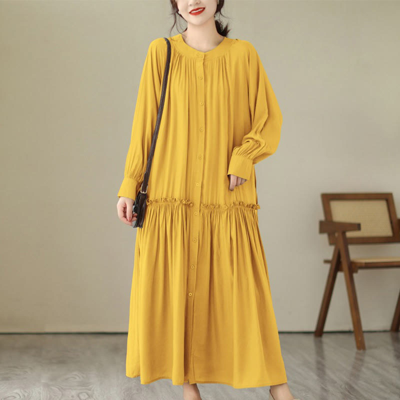 Buddha Stones Casual Plain Crew Neck Pleated Polyester Midi Dress With Pockets - Gold - US4-6,UK/AU8-10,EU36-38 (F) - image 28
