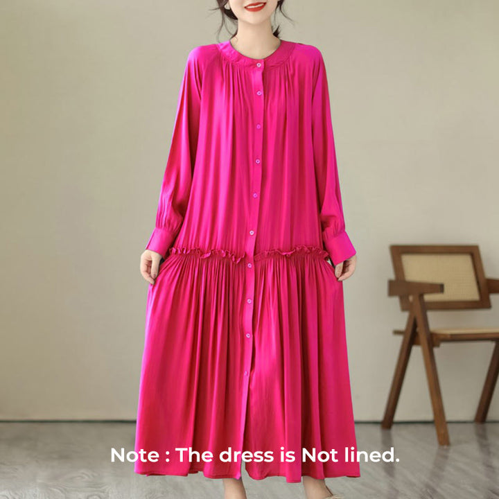 Buddha Stones Casual Plain Crew Neck Pleated Polyester Midi Dress With Pockets - image 10