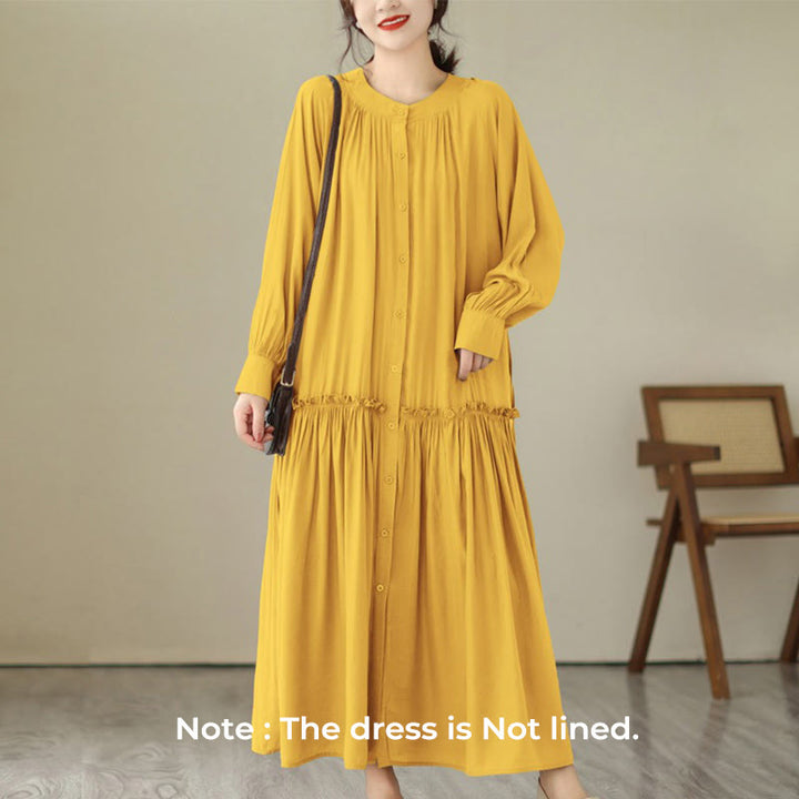 Buddha Stones Casual Plain Crew Neck Pleated Polyester Midi Dress With Pockets - image 29