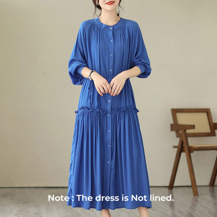 Buddha Stones Casual Plain Crew Neck Pleated Polyester Midi Dress With Pockets - image 12