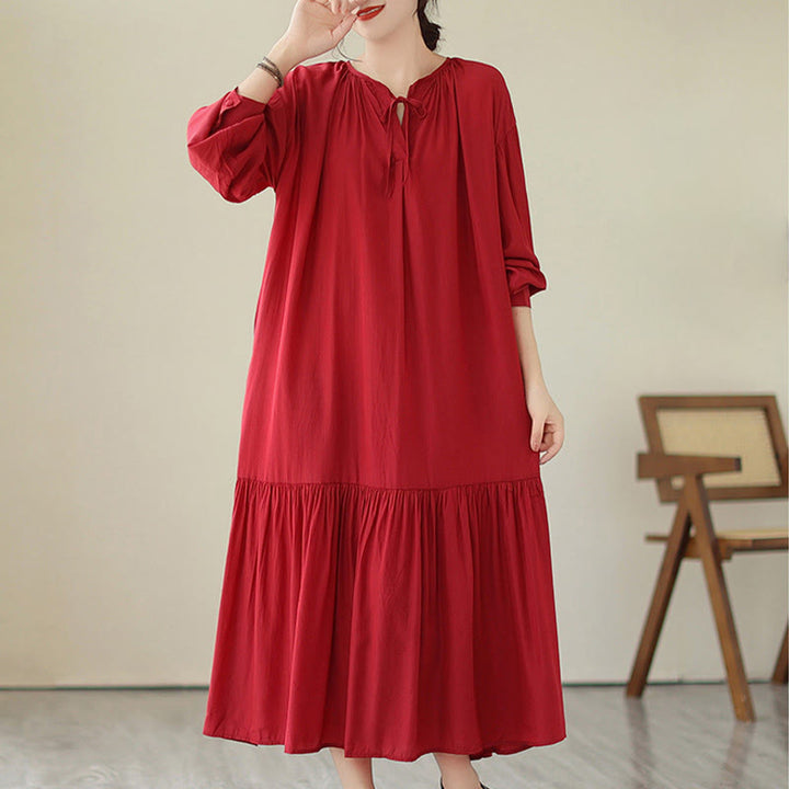 Buddha Stones Casual Plain Two-sided Style Dress Chiffon Midi Dress With Pockets - FireBrick - US4-6,UK/AU8-10,EU36-38 (F) - image 6