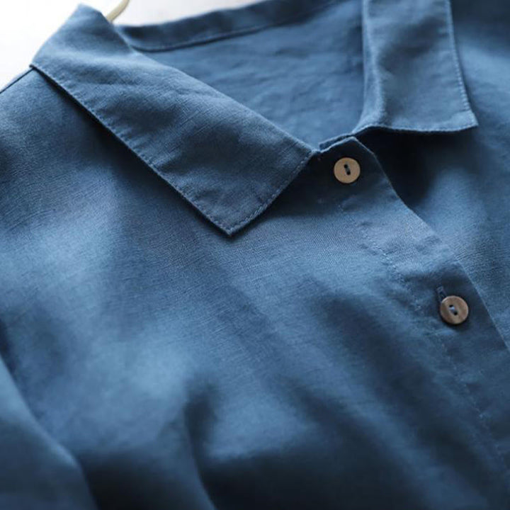 Buddha Stones Casual Plain Lace-up Stand Collar Linen Midi Dress With Pockets - image 4