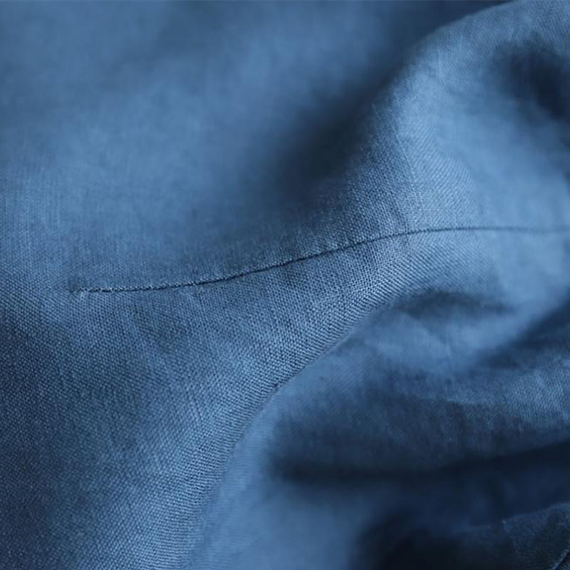 Buddha Stones Casual Plain Lace-up Stand Collar Linen Midi Dress With Pockets - image 8